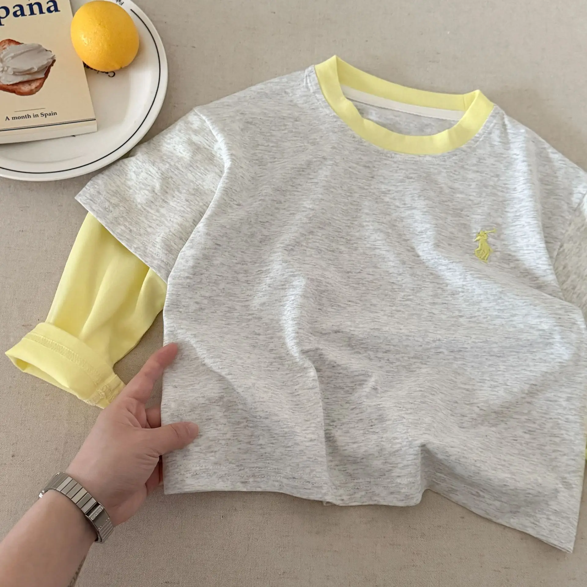 Children's Fake Two-Piece T-Shirt Yellow Grey 2025 — feature 11