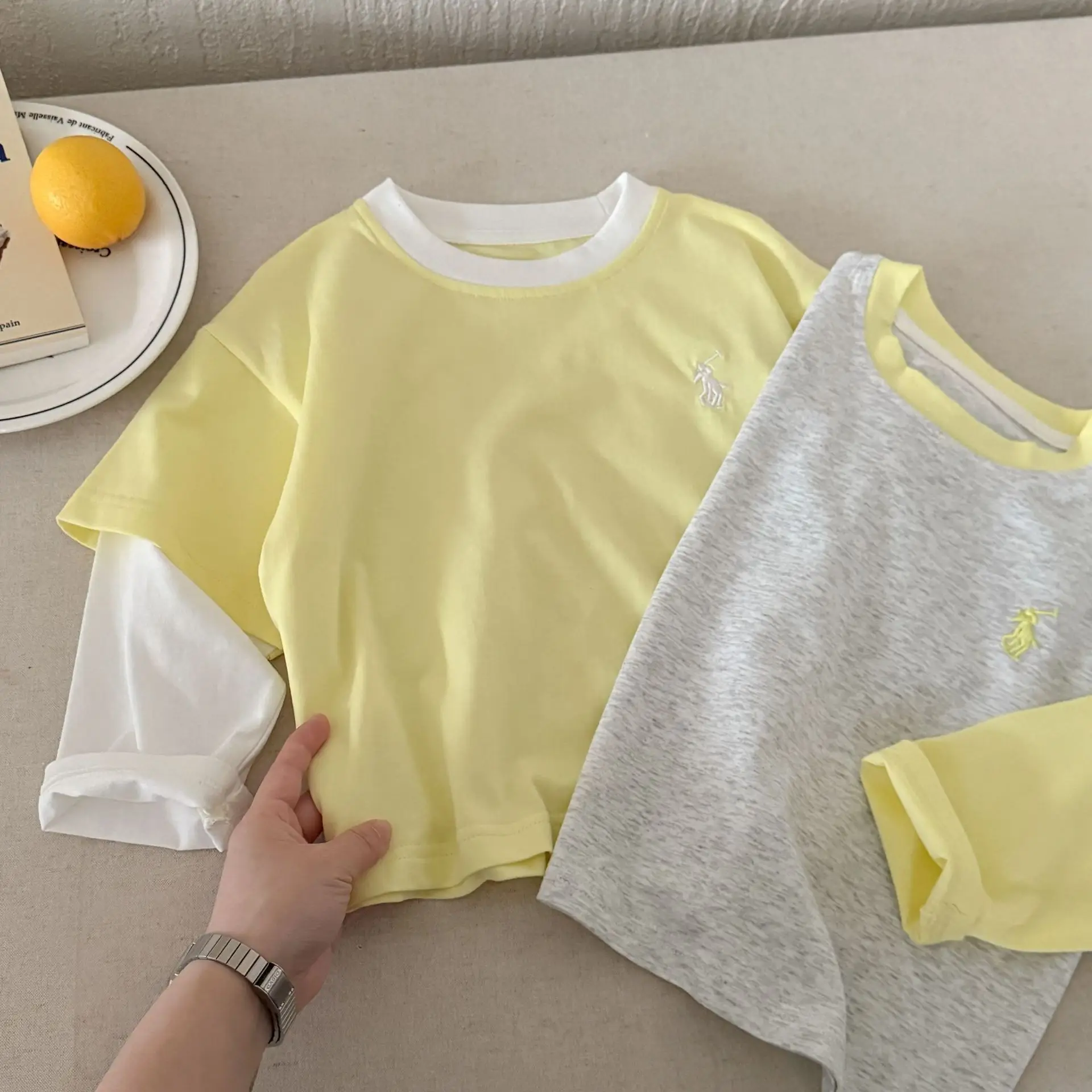 Children's Fake Two-Piece T-Shirt Yellow Grey 2025 — feature 13