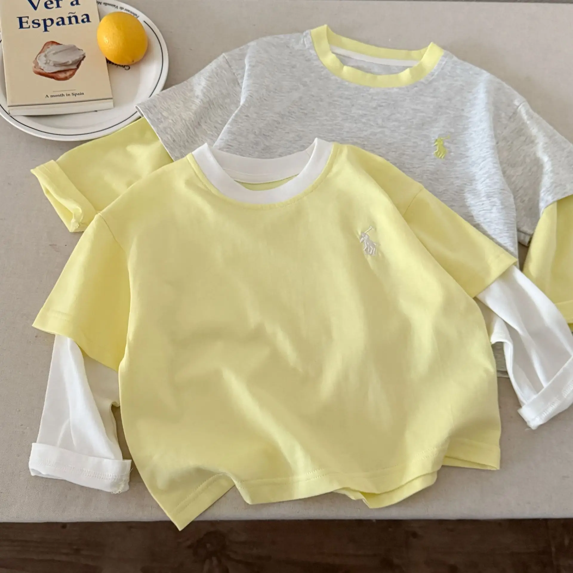 Children's Fake Two-Piece T-Shirt Yellow Grey 2025 — feature 15
