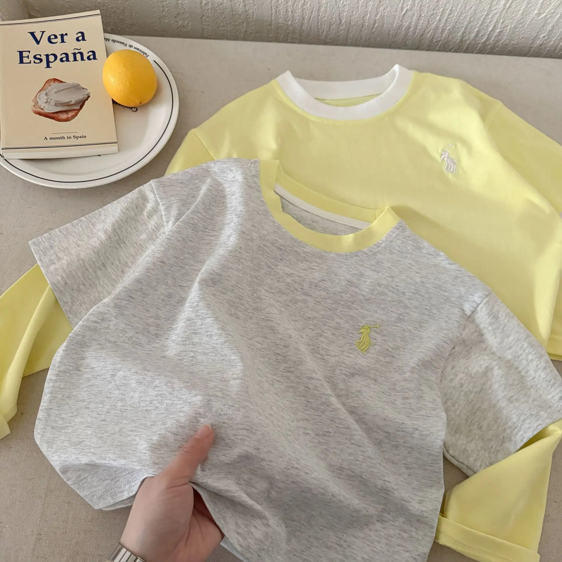 Children's Fake Two-Piece T-Shirt Yellow Grey 2025 — feature 4