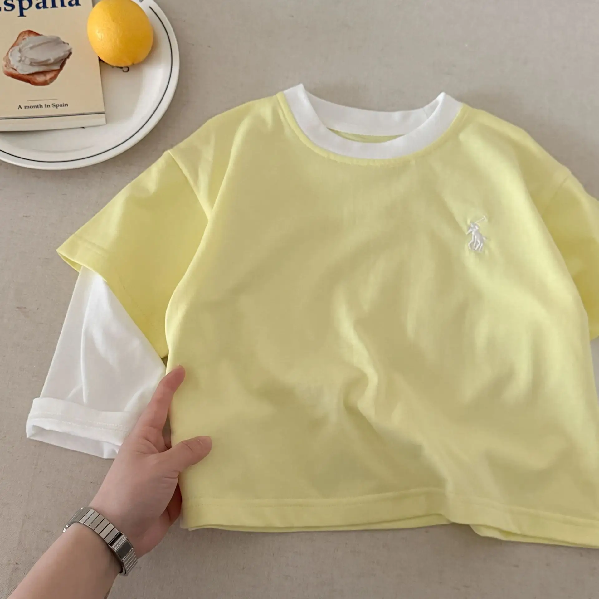 Children's Fake Two-Piece T-Shirt Yellow Grey 2025