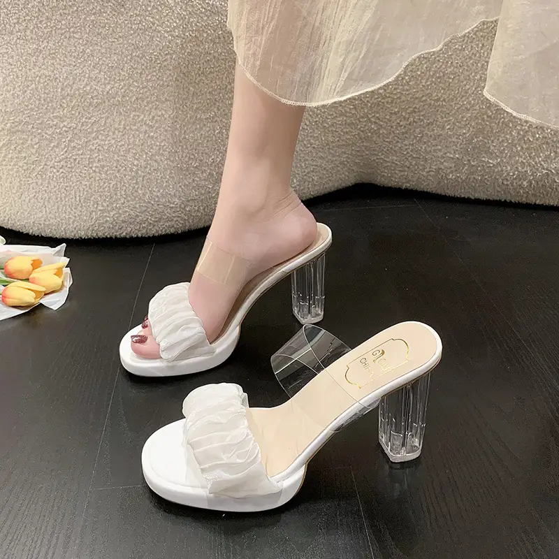 Waterproof Platform High-Heeled Shoes, Thick-Heeled One-Strap Sandals, Transparent Crystal Super High-Heeled Slippers for Women, Summer Wear, 2026 New Style