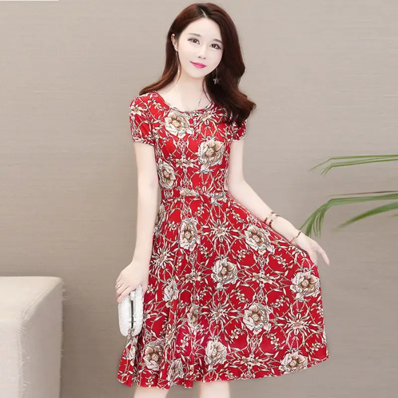 Red Floral Ice Silk Midi Dress for Women