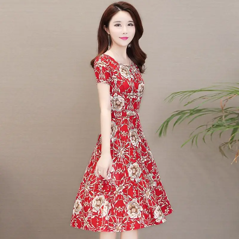 Red Floral Ice Silk Midi Dress for Women