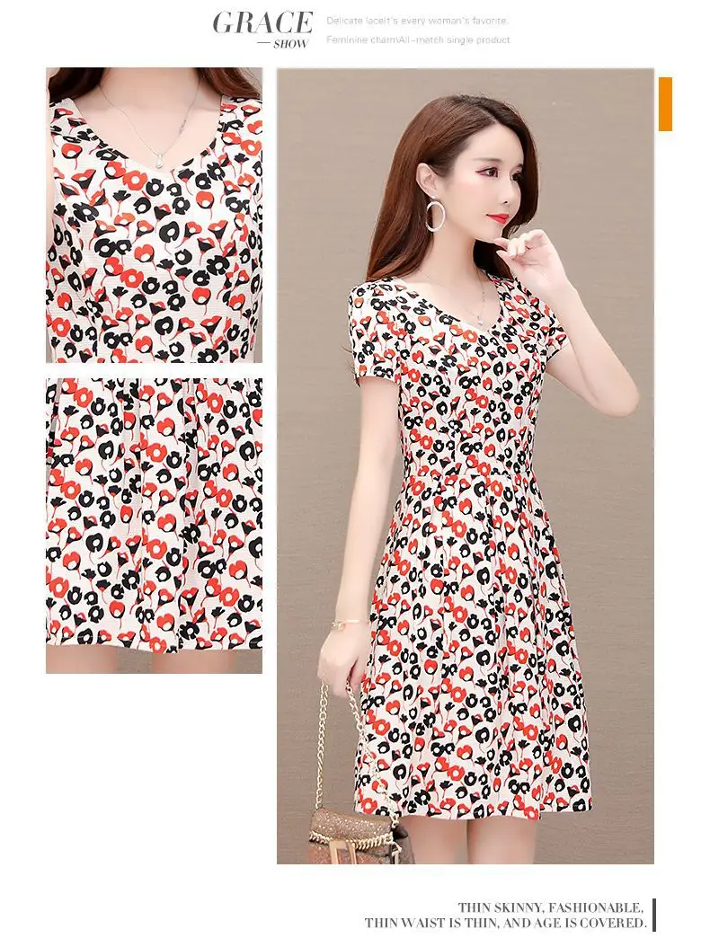 Red Floral Ice Silk Midi Dress for Women — feature 10