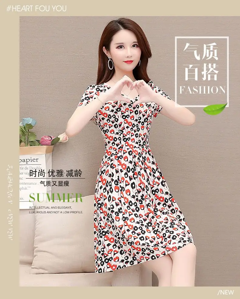Red Floral Ice Silk Midi Dress for Women — feature 13