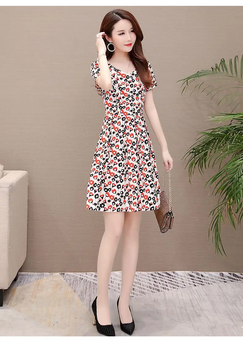 Red Floral Ice Silk Midi Dress for Women — feature 8