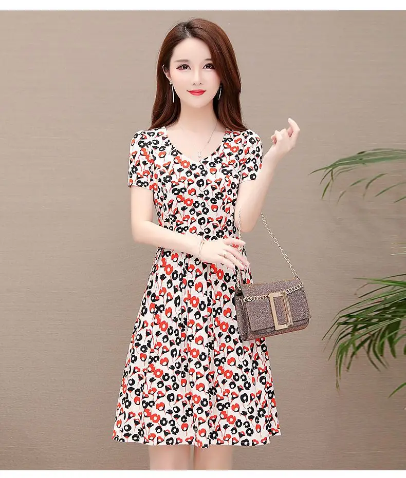 Red Floral Ice Silk Midi Dress for Women — feature 9