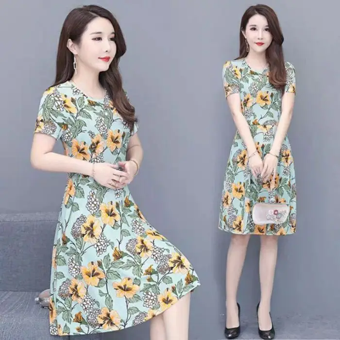 Red Floral Ice Silk Midi Dress for Women