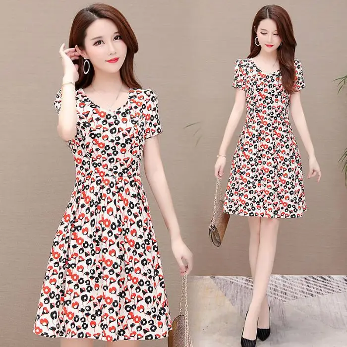 Red Floral Ice Silk Midi Dress for Women