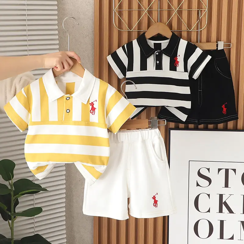 Summer 2025 Boys Cotton Striped T-Shirt Shorts Set - Image 3
