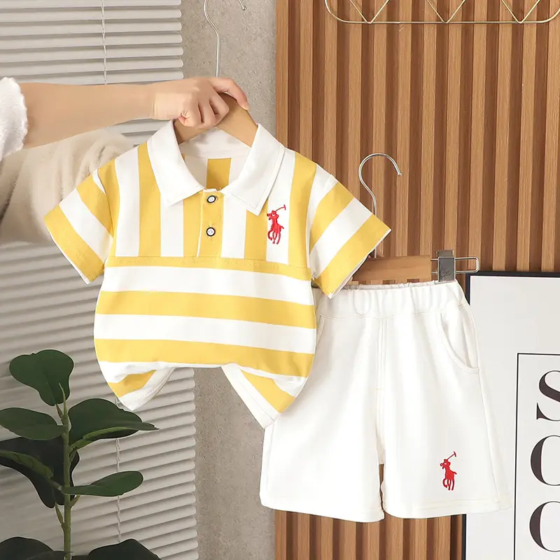 Summer 2025 Boys Cotton Striped T-Shirt Shorts Set - Image 4