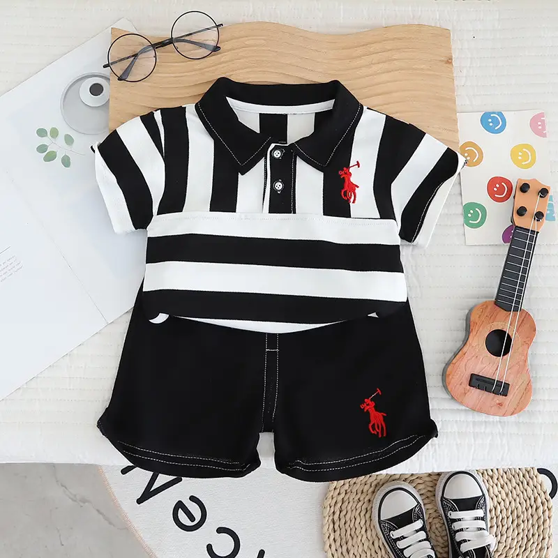 Summer 2025 Boys Cotton Striped T-Shirt Shorts Set - Image 2