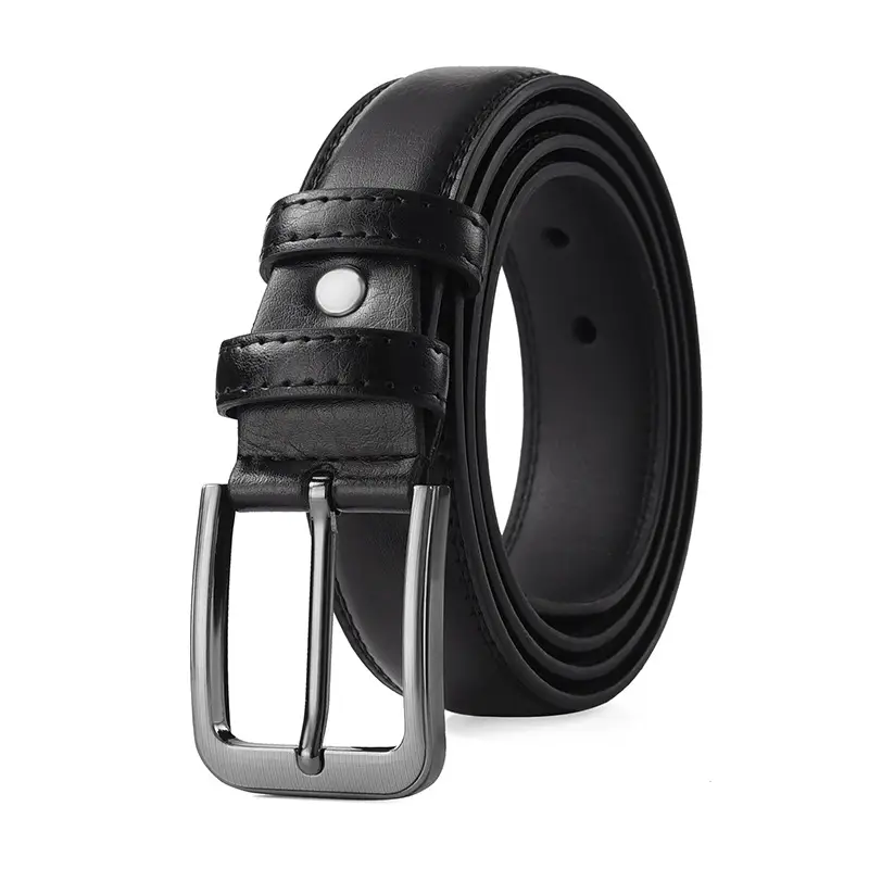 Men's Black Leather Belt with Silver Buckle