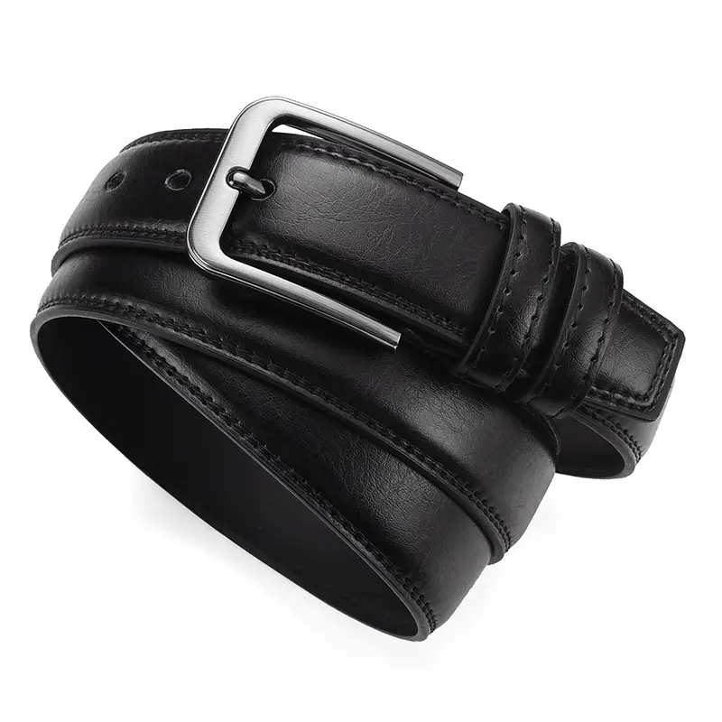 Men's Black Leather Belt with Silver Buckle