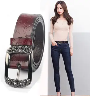 Women's Black Leather Belt with Silver Buckle — feature 6