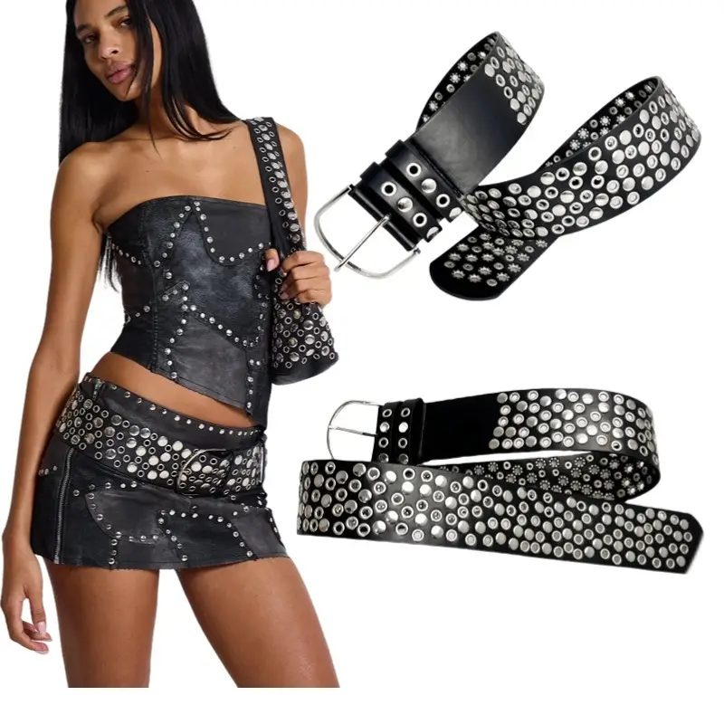 Y2K Punk Wide Belt Air Eye Rivets Gold — feature 1