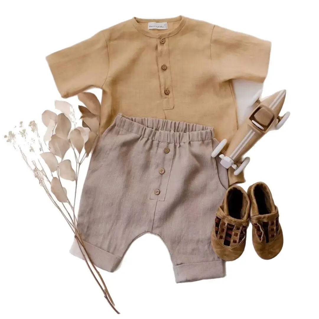 Boys Hemp Cotton Shorts Solid Green Button Front - Image 11