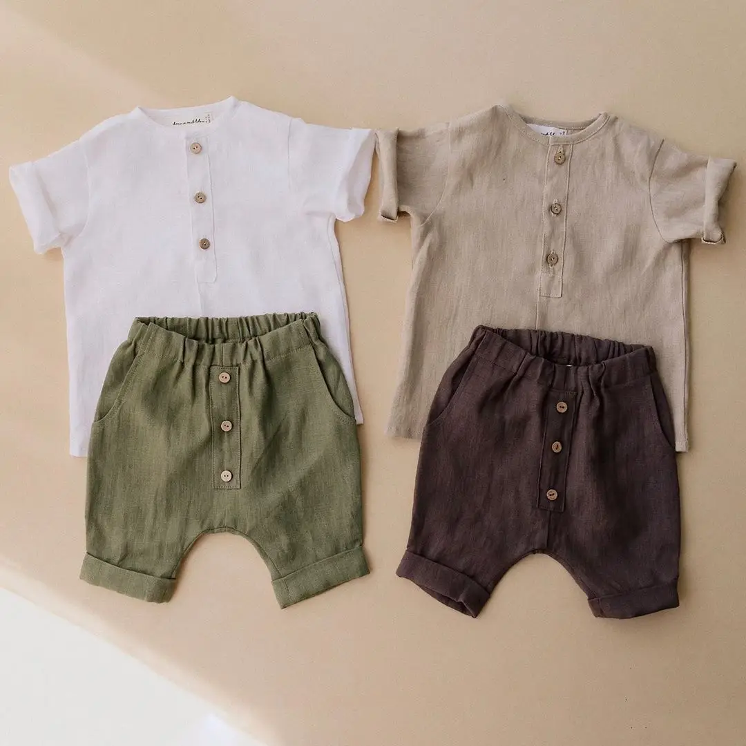 Boys Hemp Cotton Shorts Solid Green Button Front — feature 2