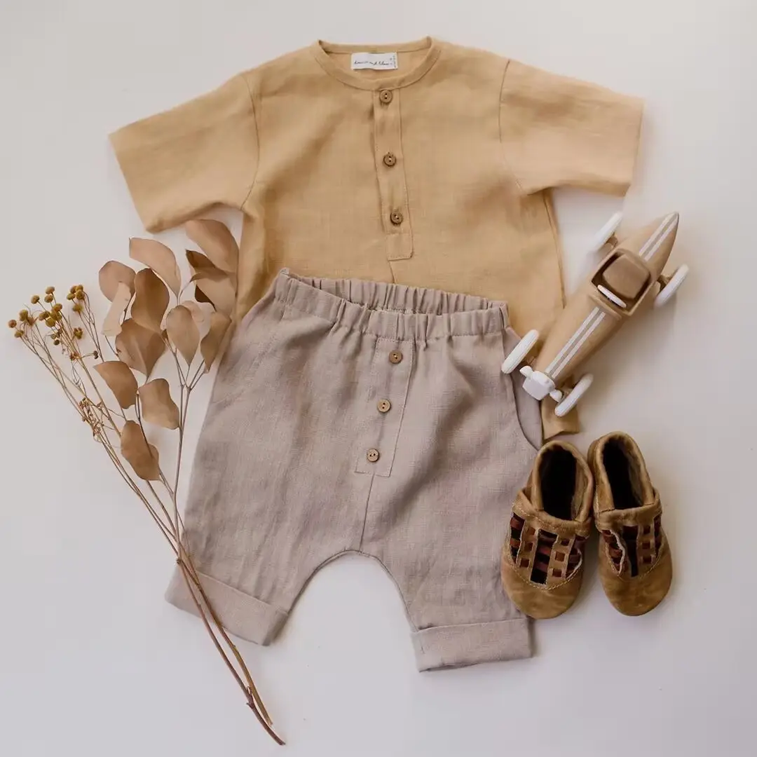Boys Hemp Cotton Shorts Solid Green Button Front — feature 4