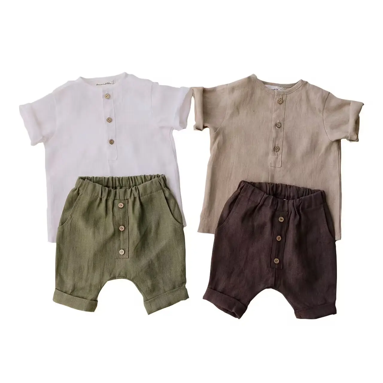 Boys Hemp Cotton Shorts Solid Green Button Front — feature 5