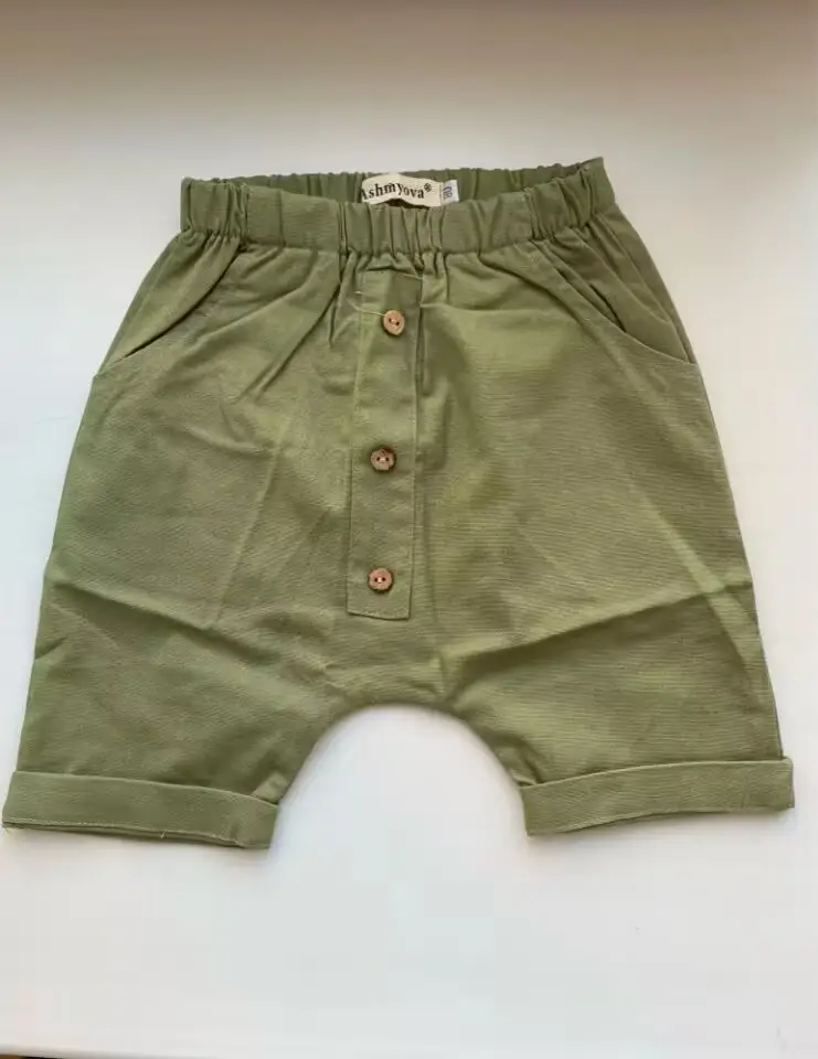 Boys Hemp Cotton Shorts Solid Green Button Front - Image 4