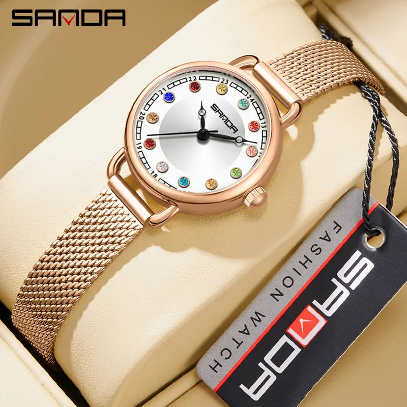 Sanda Diamond Studded Ladies Watch Silver Mesh Band - Image 15