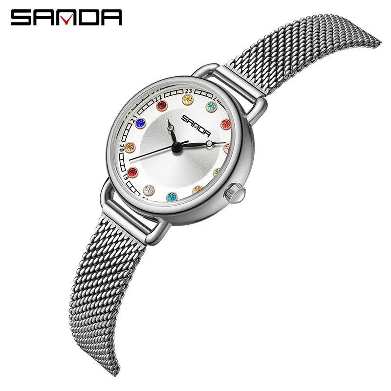 Sanda Diamond Studded Ladies Watch Silver Mesh Band - Image 18