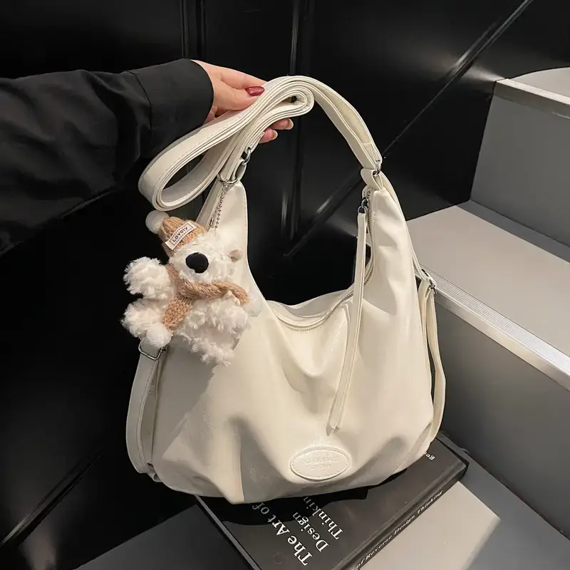 Cute Girl White Tote Bag with Pom Pom Charm - Image 5
