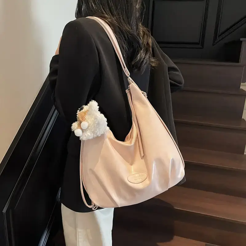 Cute Girl White Tote Bag with Pom Pom Charm - Image 6