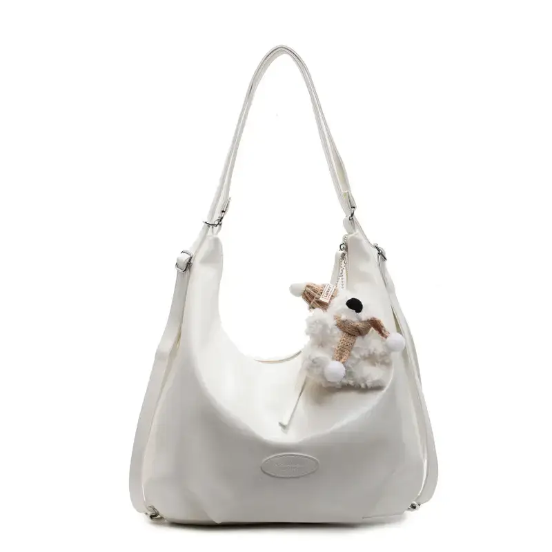 Cute Girl White Tote Bag with Pom Pom Charm - Image 9