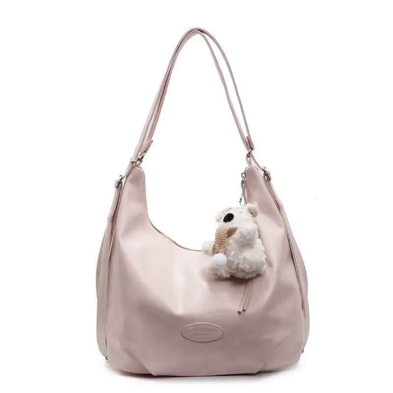 Cute Girl White Tote Bag with Pom Pom Charm - Image 4