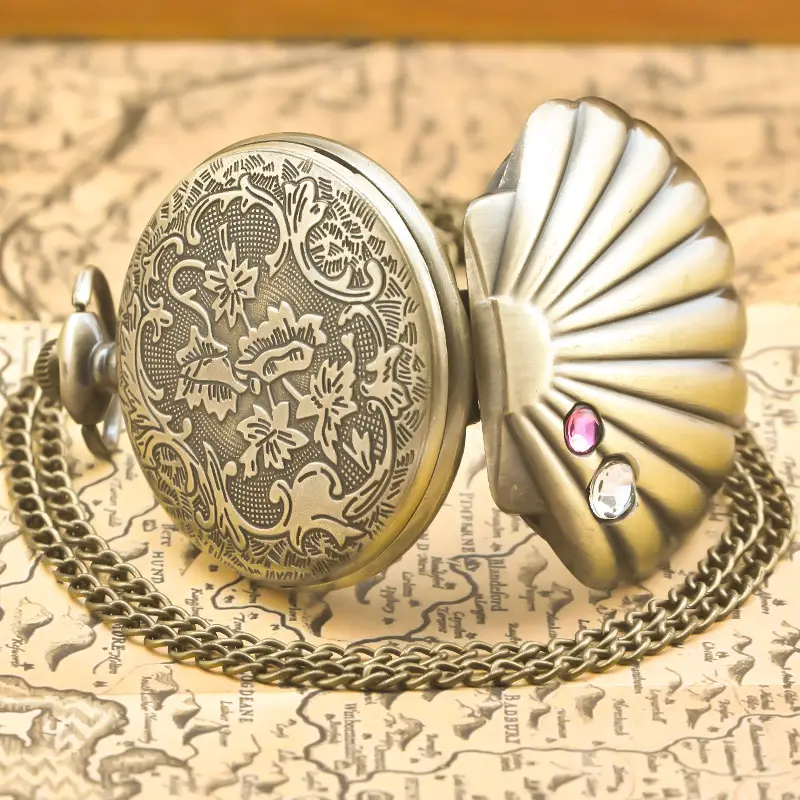 Vintage Women's Pocket Watch with Embroidered Shell Design — feature 4