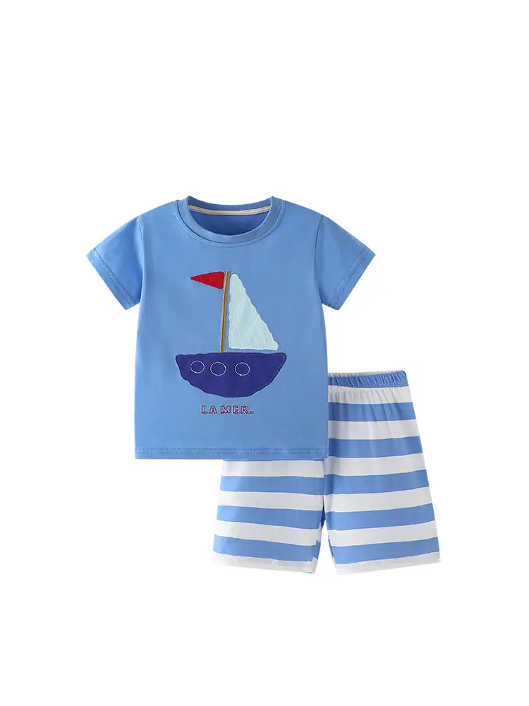 Malwee Boys Blue Sailboat T-Shirt Striped Shorts Set