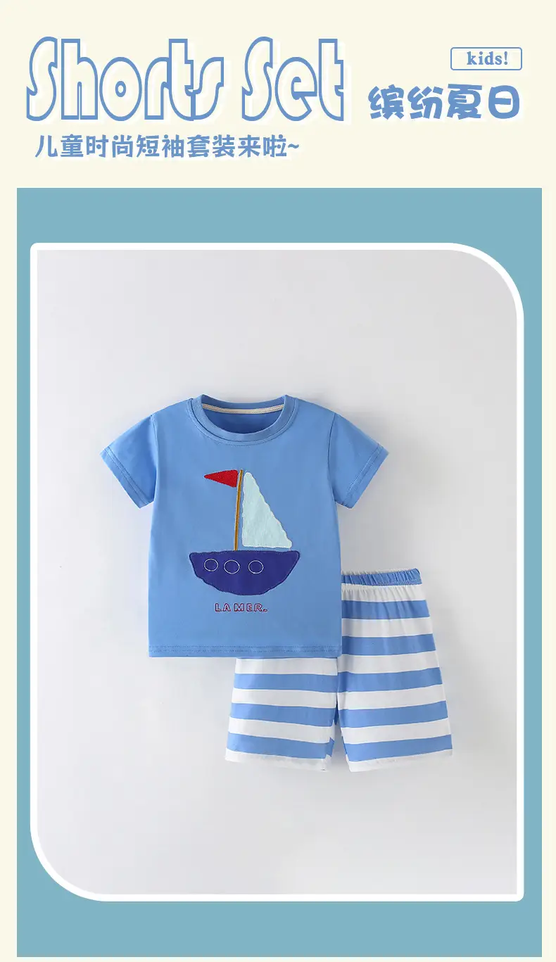 Malwee Boys Blue Sailboat T-Shirt Striped Shorts Set — feature 2