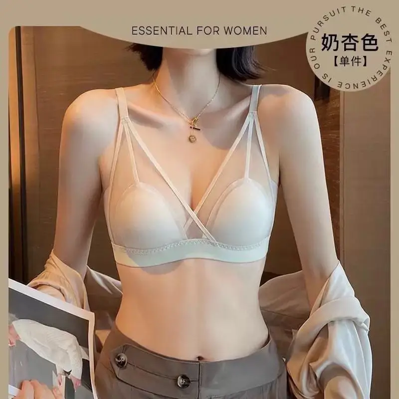 French Summer Thin Large Chest Small No Steel Ring Soft Support Ultra-thin Sexy Breathable Small Chest Flat Chest Triangle Cup Underwear
