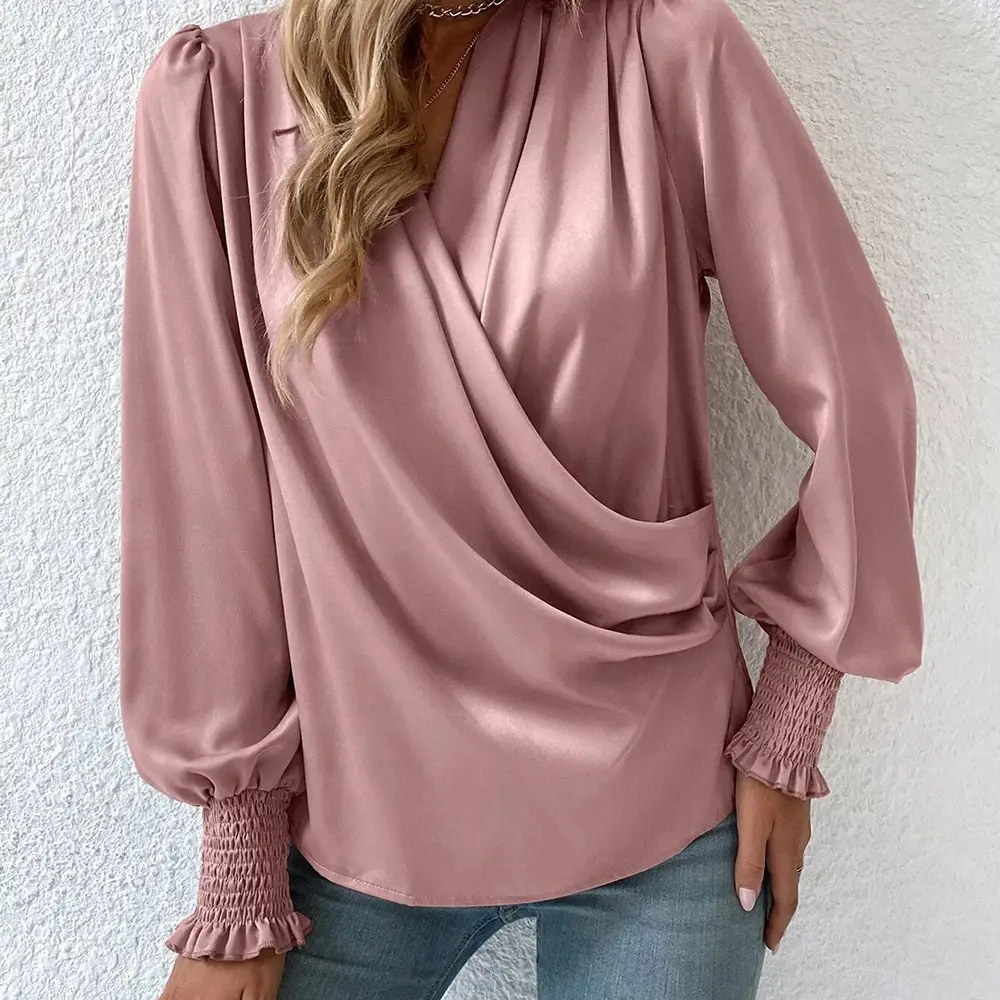 Black V Neck Lantern Sleeves Elegant Commuter Shirt - Image 6