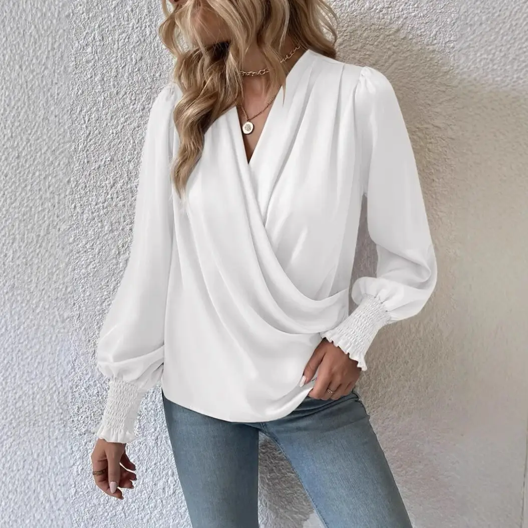 Black V Neck Lantern Sleeves Elegant Commuter Shirt - Image 8