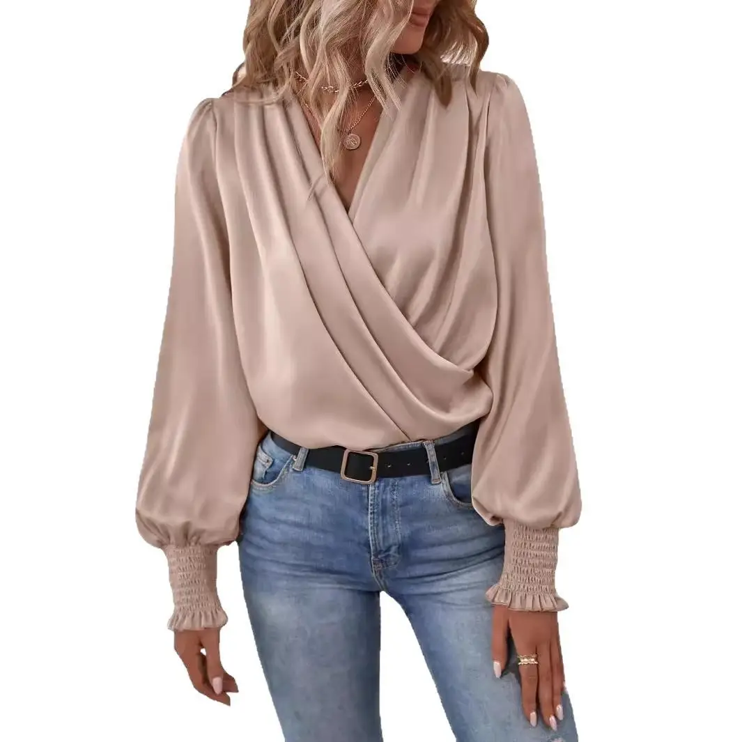 Black V Neck Lantern Sleeves Elegant Commuter Shirt - Image 9