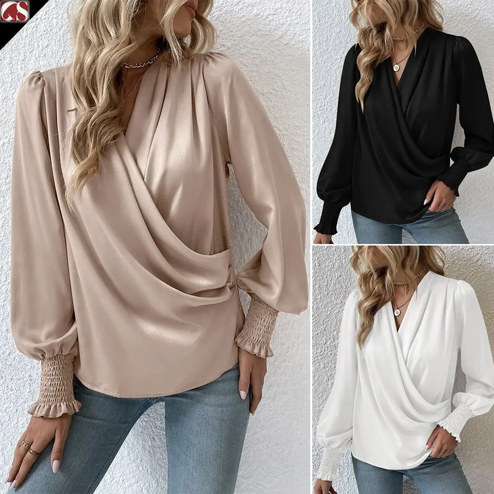 Black V Neck Lantern Sleeves Elegant Commuter Shirt — feature 2