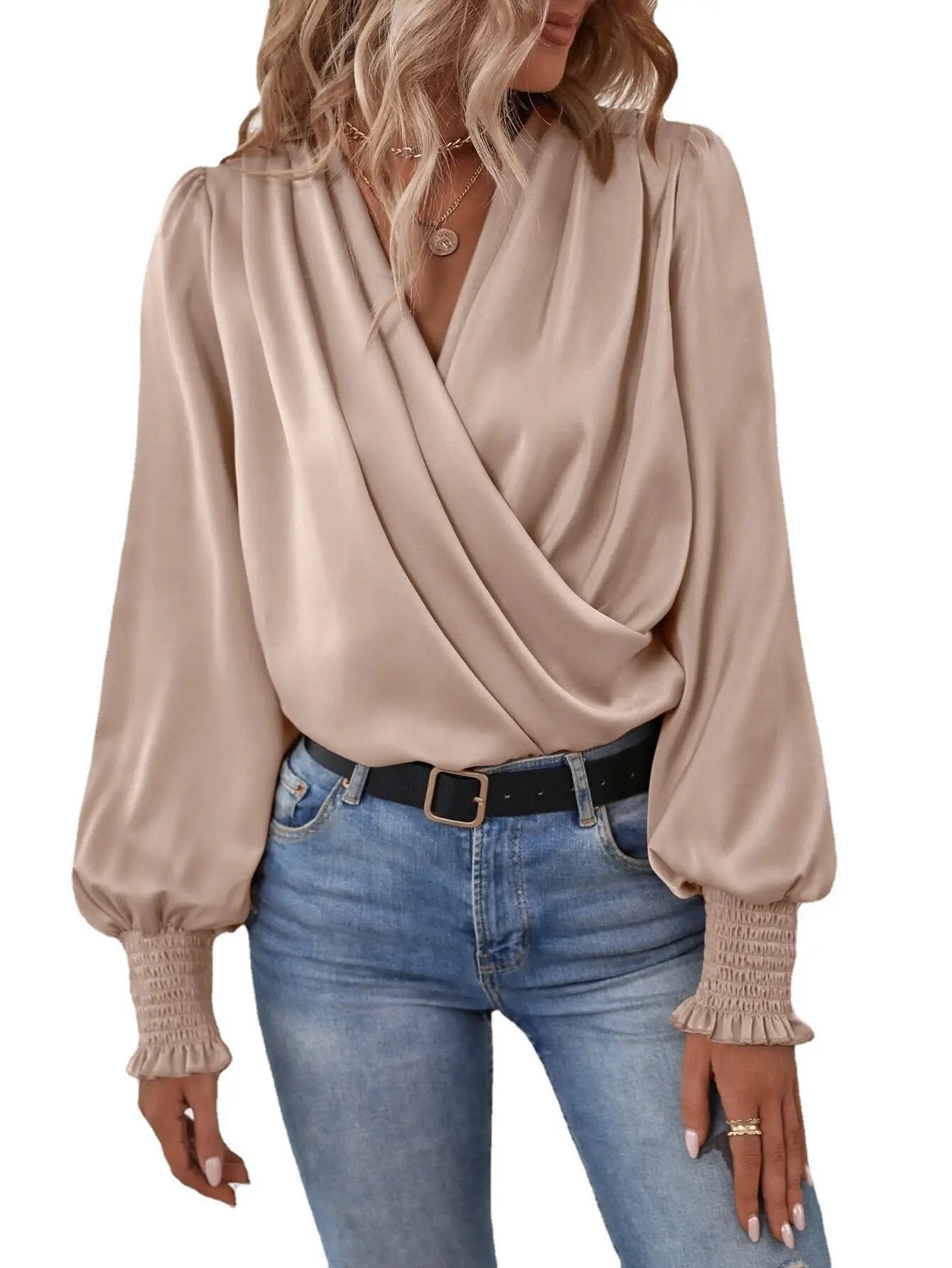 Black V Neck Lantern Sleeves Elegant Commuter Shirt — feature 5