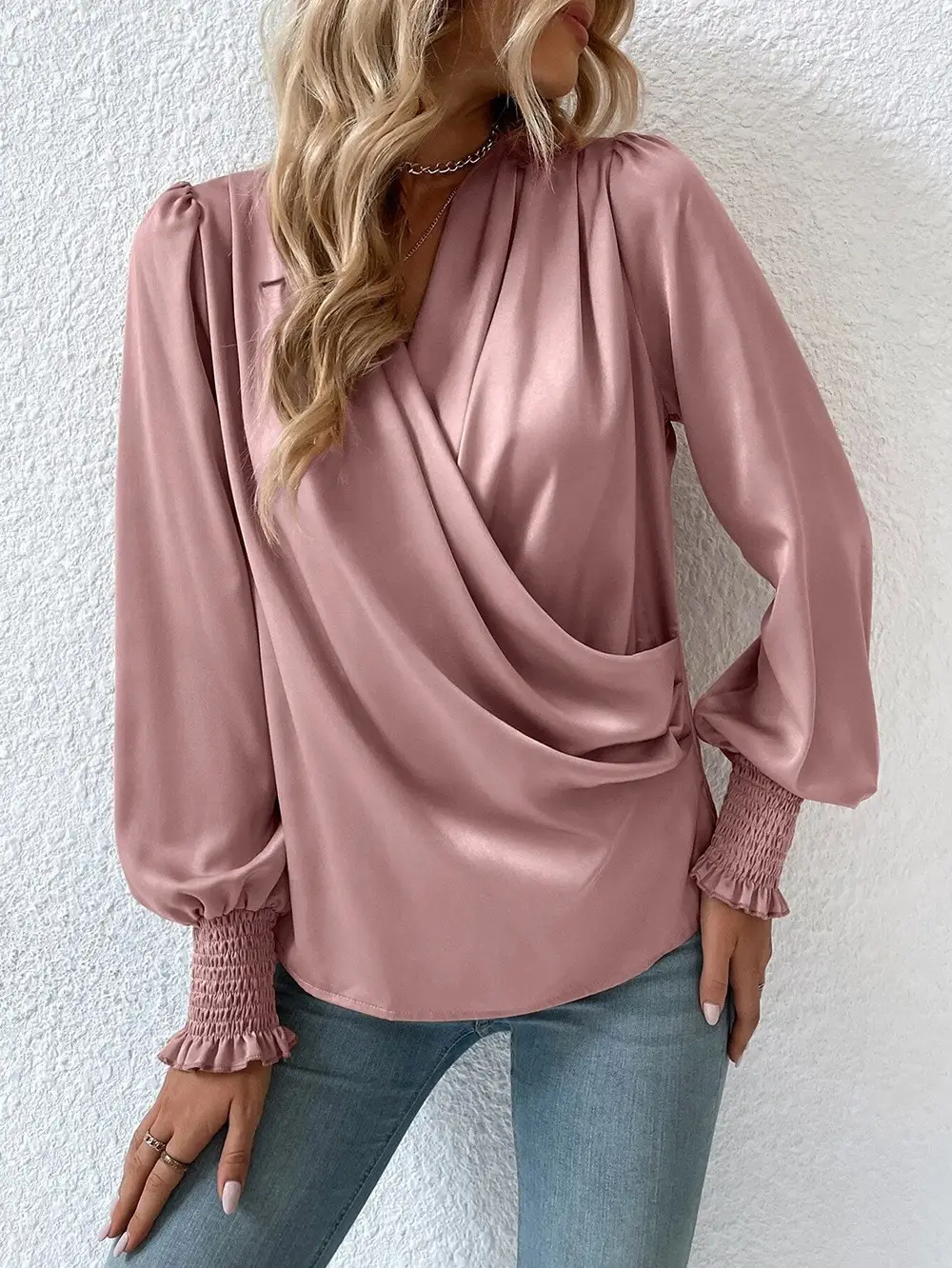 Black V Neck Lantern Sleeves Elegant Commuter Shirt - Image 4