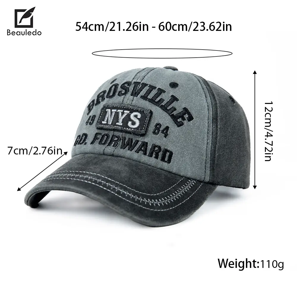 American Retro Washed Vintage Letter Baseball Cap for Women with Large Head Circumference, Wide Brim, Face-Slimming Soft Top Duckbill Cap for Men - Image 7