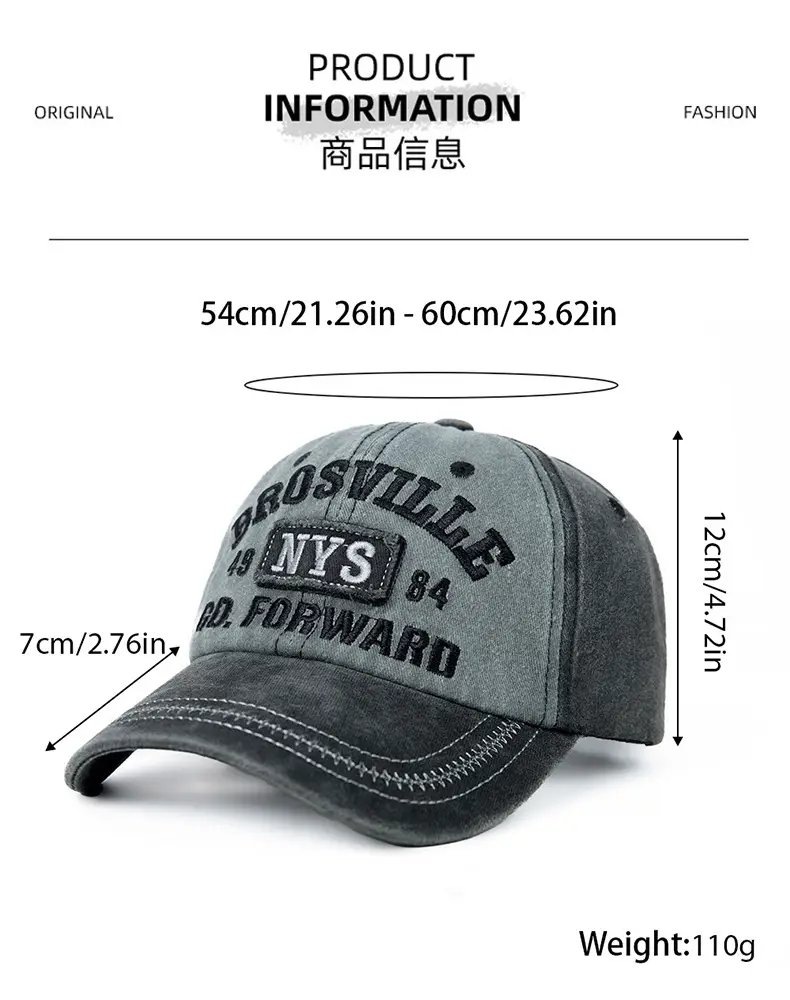 American Retro Washed Vintage Letter Baseball Cap for Women with Large Head Circumference, Wide Brim, Face-Slimming Soft Top Duckbill Cap for Men — feature 7