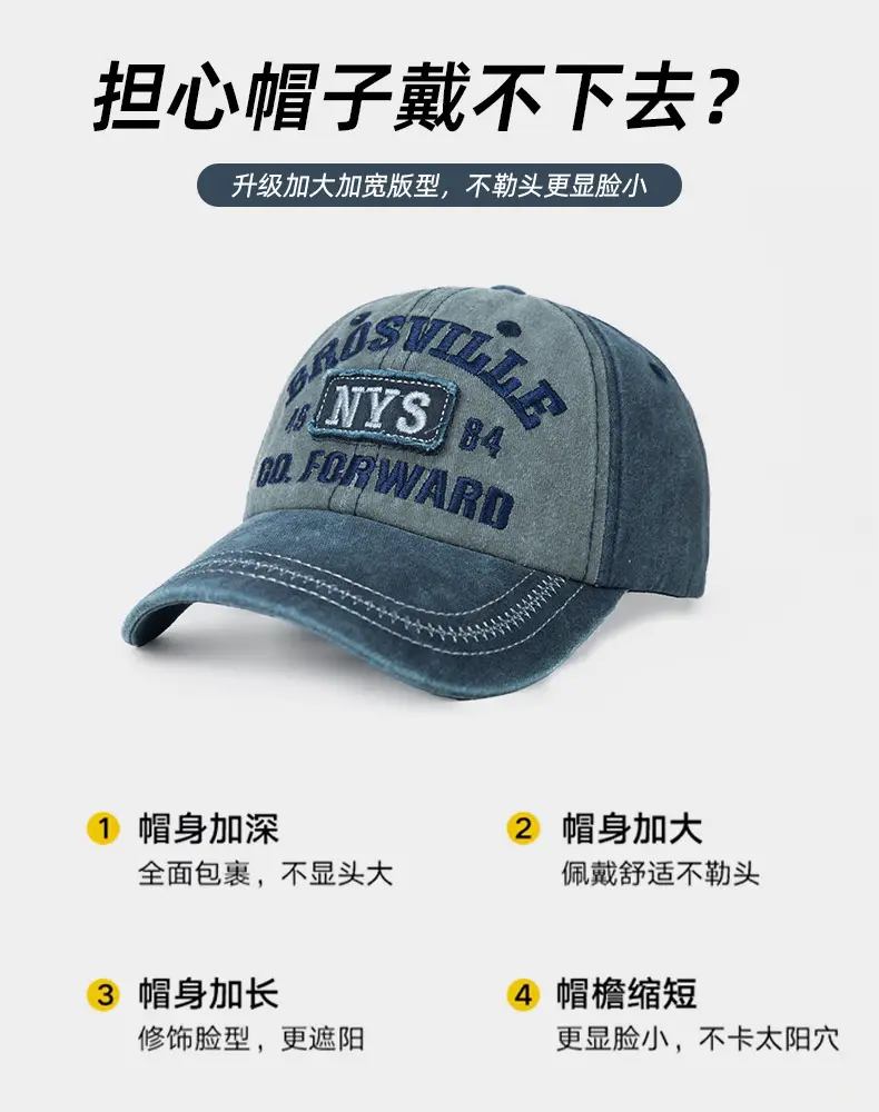 American Retro Washed Vintage Letter Baseball Cap for Women with Large Head Circumference, Wide Brim, Face-Slimming Soft Top Duckbill Cap for Men — feature 9