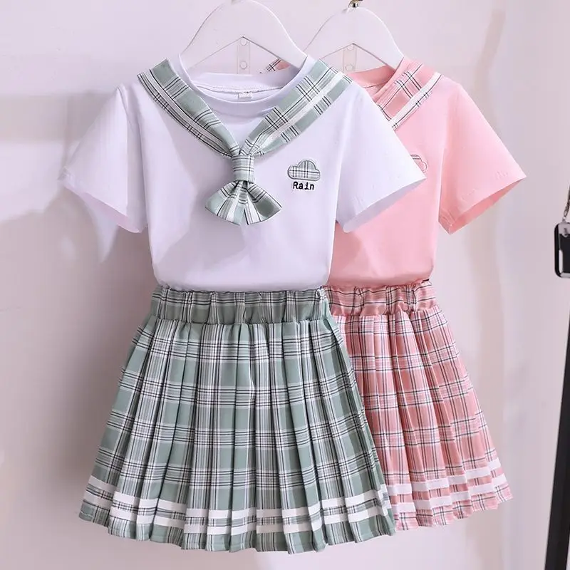Girls Plaid Pleated Summer Dress Pink - Image 3