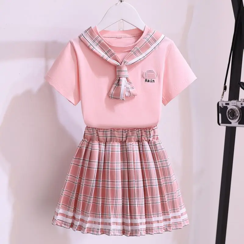 Girls Plaid Pleated Summer Dress Pink - Image 4