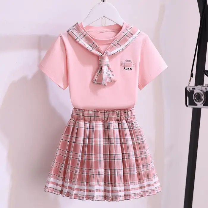 Girls Plaid Pleated Summer Dress Pink - Image 2