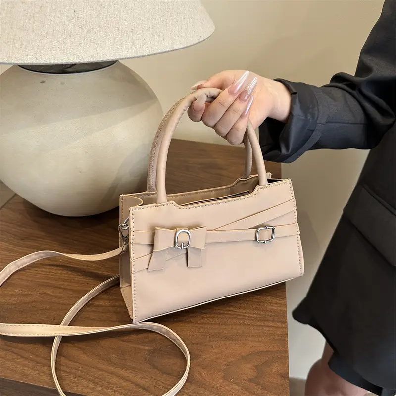 Beige Square Handbag with Bow Detail for Girls - Image 6