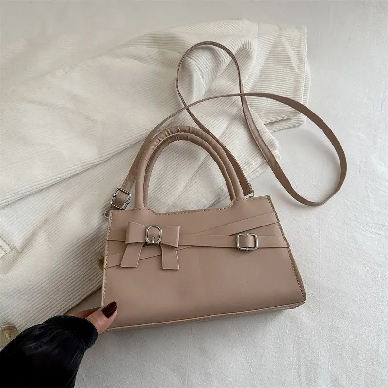 Beige Square Handbag with Bow Detail for Girls - Image 2